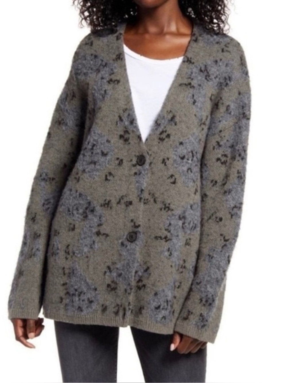 Allsaints Camo Cardigan, Olive Gray Floral Knit Button-Front Cardigan Sweate